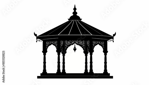 Silhouette of an ornate gazebo structure against a white background.