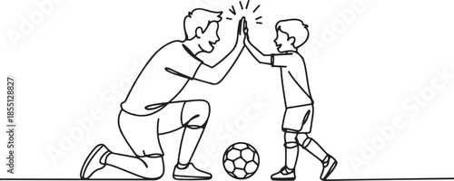 One line drawing of young happy father bow his body to give high five gesture to his boy while playing soccer on football court. Parenting concept. one line Icon drawing