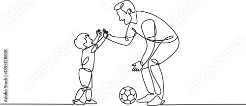 One line drawing of young happy father bow his body to give high five gesture to his boy while playing soccer on football court. Parenting concept. one line Icon drawing