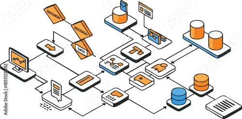 Isometric diagram illustrating complex data processing and system architecture flow