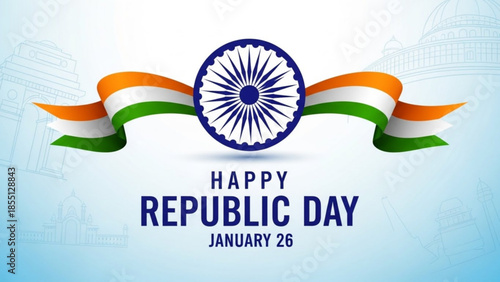 Indian republic day celebration with ashoka chakra and tricolor ribbon on light blue background with white and building silhouettes