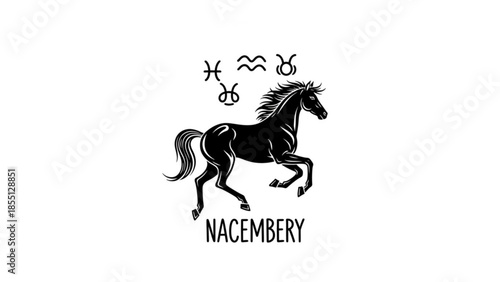 A black horse with astrological symbols and the word NACEMBERY on a white background in a stylized graphic design