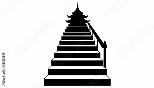 Silhouette of a stairway leading to a pagoda on a white background.