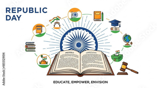 Republic day india, education and empowerment concept with book, gavel, graduation cap, globe, and indian flag elements