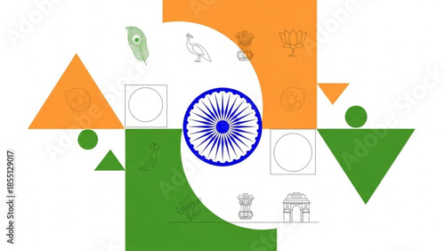 Indian national symbols and motifs in geometric shapes and colors, representing cultural heritage and patriotism with the ashoka chakra