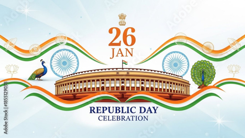 Indian republic day celebration with peacock, wheel symbol, and government building on january 26th, national pride and patriotism