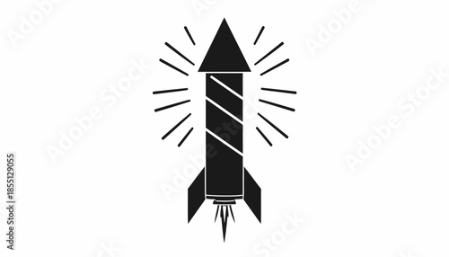 Illustration of a stylized black and white fireworks rocket on white background.