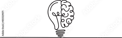 Single continuous line drawing of half light bulb and half human brain logo label. Smart power and psychological company icon label concept. one line Icon drawing