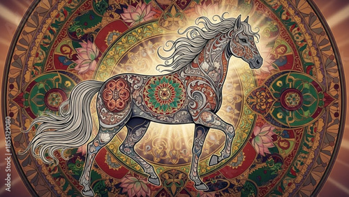 A colorful and intricately designed horse with a long mane and tail standing in front of a vibrant circular mandala pattern