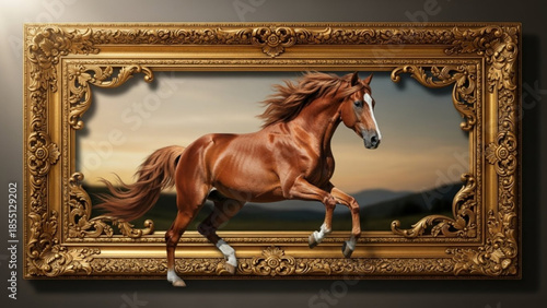 A beautiful brown horse with a golden frame running in a serene landscape during sunset with mountains in the background