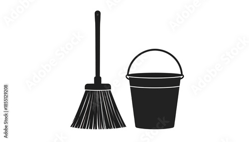 Broom and bucket cleaning equipment vector illustration in black and white.