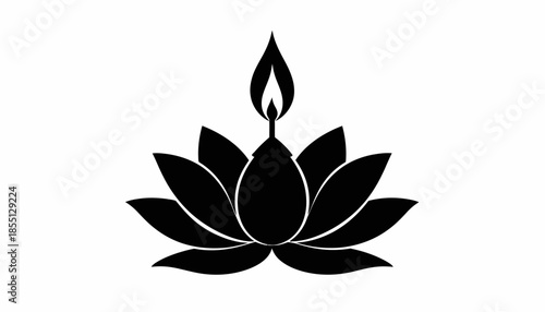 Black and white vector illustration of a lotus flower with a candle flame.