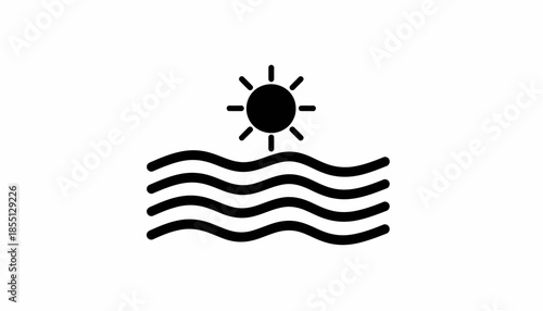 Stylized sun over water waves icon in black and white.