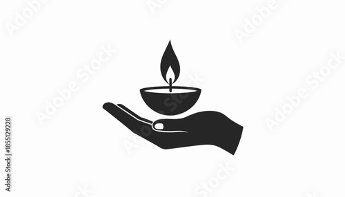 Hand holding a candle flame in a simple black and white vector illustration.