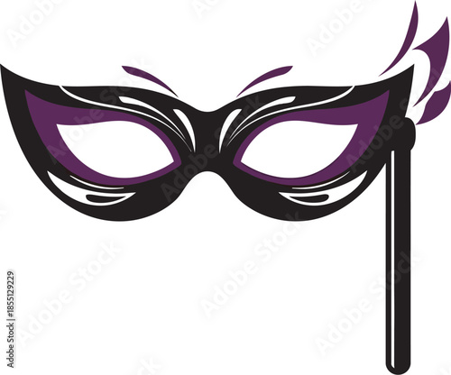 Vibrant purple and black masquerade ball mask with stick handle isolated on white background for party costume