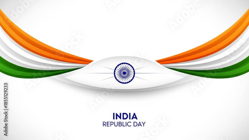 India republic day celebration with vibrant orange, white and green colored waves and indian flag emblem on white background