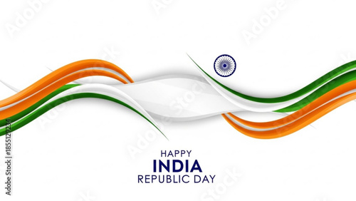 Happy india republic day celebration with tricolor waves and ashoka chakra emblem on white background