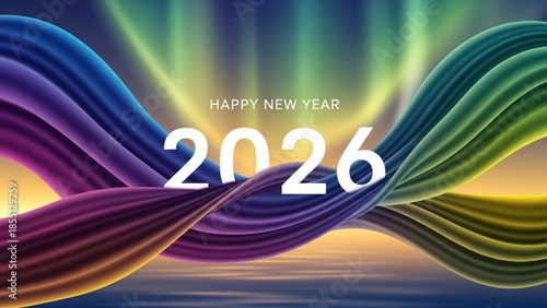 A colorful New Year's Eve graphic with swirling ribbons and the text Happy New Year 2026 against a vibrant aurora borealis background