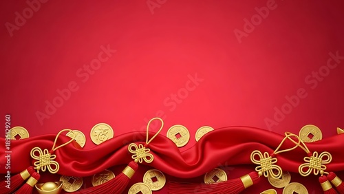Chinese new year background with red fabric and golden decorations