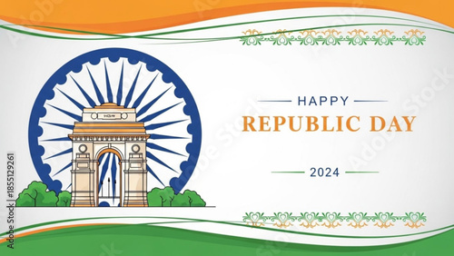 Republic day india 2024 celebration with gateway of india monument and sunburst design elements