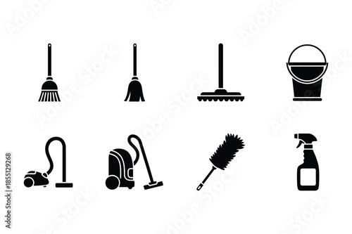 Professional Cleaning Service and Housework Tool Silhouette Icon Set