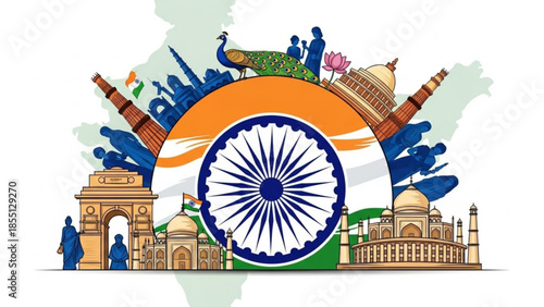 Indian cultural symbols and landmarks with national flag, india map background, taj mahal, gateway of india, peacock, lotus flower, vibrant colors, asia, travel, tourism