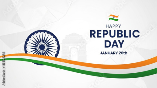 Indian republic day celebration with ashoka chakra and tricolor ribbon on white background