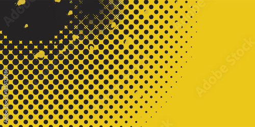 Abstract yellow and black halftone pattern with circular dots and grunge texture for a modern graphic background