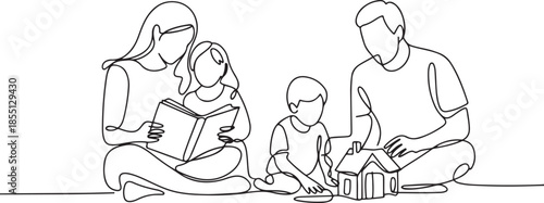Single continuous line drawing of young mother reading book to daughter and father playing block puzzle house with son at home. Happy family parenting concept. one line Icon drawing