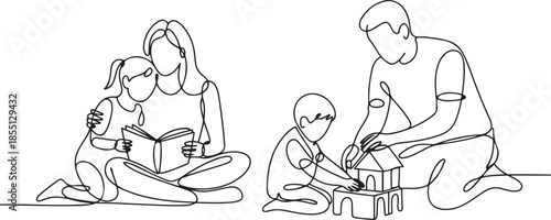 Single continuous line drawing of young mother reading book to daughter and father playing block puzzle house with son at home. Happy family parenting concept. one line Icon drawing