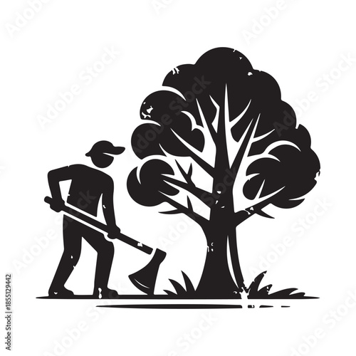 A silhouetted lumberjack preparing to chop down a large rounded tree