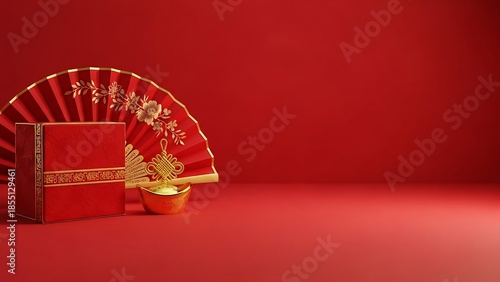 Chinese new year golden ingot and red envelope on red background with fan