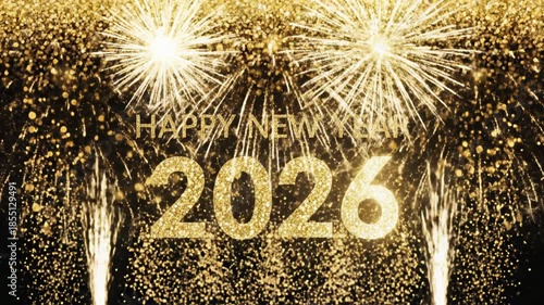 A festive, luxurious golden fireworks display explodes against the dark night sky, framing the shimmering 3d rendered text 