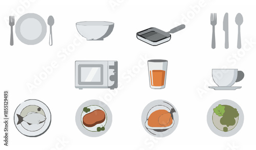Tableware and food thin line vector icon collection for restaurant and kitchen