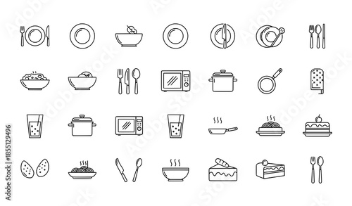 Kitchen tableware and food outline vector icon set editable symbols