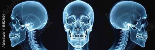 X-ray views show human skull from front and sides. Transparent bone structure with visible teeth and neck vertebrae. Medical imaging displays cranial and cervical anatomy.