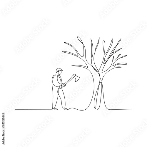 A minimalist line drawing depicts a person cutting down a bare tree