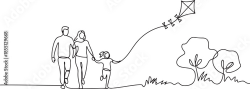 Continuous one line drawing family weekend with parents and child walking in park. Fun family running, rest at nature on vacation. Dad, mom, and daughter launches kite. one line Icon drawing