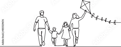 Continuous one line drawing family weekend with parents and child walking in park. Fun family running, rest at nature on vacation. Dad, mom, and daughter launches kite. one line Icon drawing