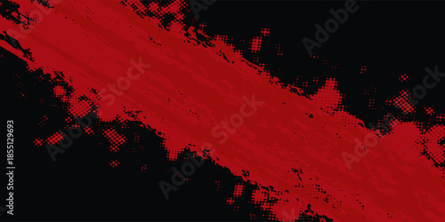 Abstract grunge texture with vibrant red diagonal brush stroke and distressed black background for graphic design