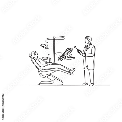 Line drawing of a dentist examining a patient in a dental chair