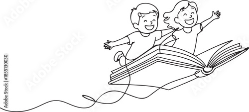 Single one line drawing little boy and girl student or preschooler flying on magic book. Happy kids flying on the book. Knowledge power concept. one line Icon drawing