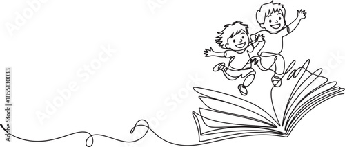 Single one line drawing little boy and girl student or preschooler flying on magic book. Happy kids flying on the book. Knowledge power concept. one line Icon drawing
