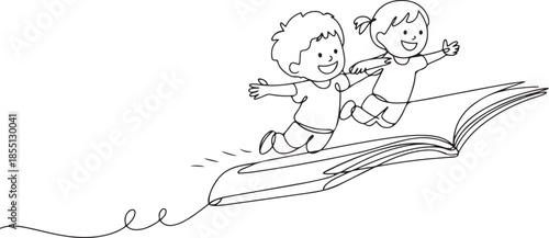 Single one line drawing little boy and girl student or preschooler flying on magic book. Happy kids flying on the book. Knowledge power concept. one line Icon drawing