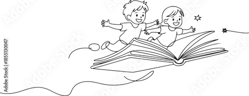 Single one line drawing little boy and girl student or preschooler flying on magic book. Happy kids flying on the book. Knowledge power concept. one line Icon drawing
