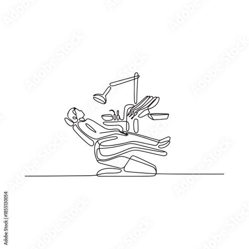 Line art illustration of a patient reclining in a dental chair