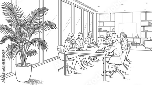 Modern office conference room illustration featuring professional team members collaborating at a large desk with laptops and indoor plants decor.