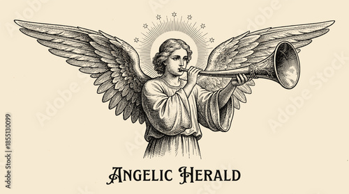 Vintage woodcut illustration of a winged angel blowing a trumpet with a celestial halo and stars for religious heraldic designs.