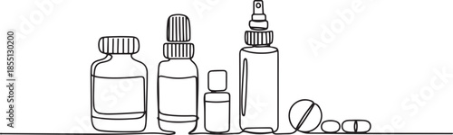 Single one line drawing medical concept. Cold, flu, cough preparations: medicinal syrup, nose spray, throat spray, pills. one line Icon drawing