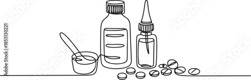 Single one line drawing medical concept. Cold, flu, cough preparations: medicinal syrup, nose spray, throat spray, pills. one line Icon drawing